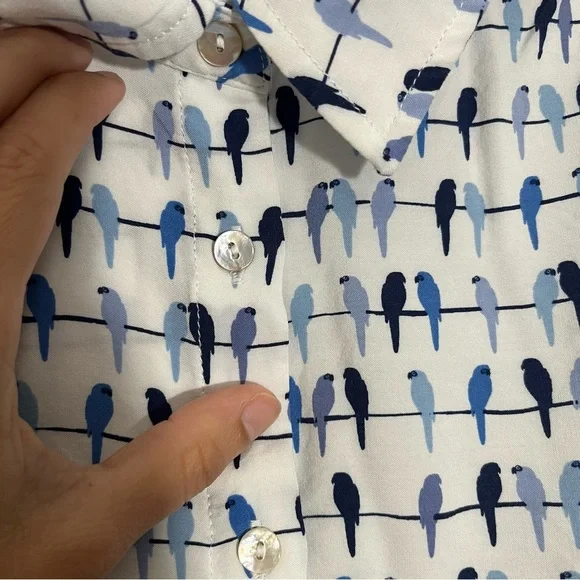 JANE AND DELANCEY White and Blue Birds on Wire Button Down top | size medium - Picture 3 of 9